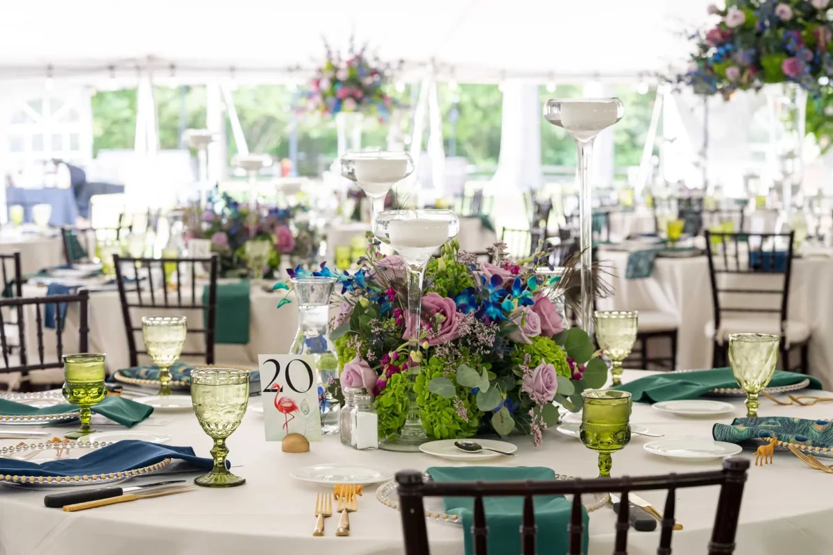 A fancy dinner in a canvas tent